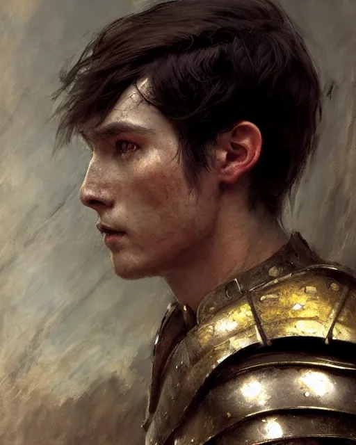 Image similar to close up of a young emperor wearing an armor ; masculine man with thin faces line and perfect jawline, two sides brown hair, elegant, ethereal horror fantasy art by greg rutkowski, jeremy mann, magali villeneuve and claude monet, large shoulders, red background