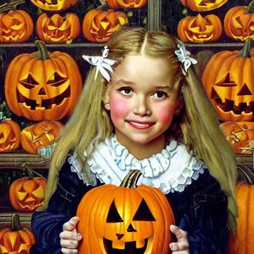 Prompt: a happy little girl with long straight golden blonde hair sitting amidst halloween decor, skulls and pumpkins. beautiful highly detailed face, beautiful painting by norman rockwell