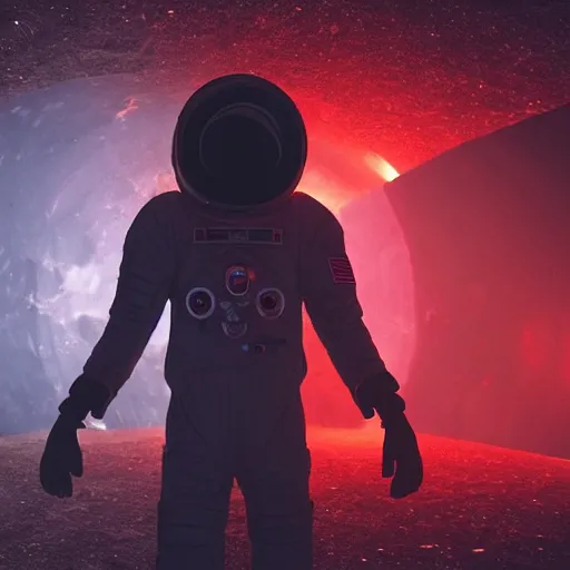 Image similar to ultra realistic, astronaut standing inside of an eerie space cathedral surrounded by cultists, there’s a large obsidian vortex floating above, black and red background, occult, photo realistic, dark atmosphere