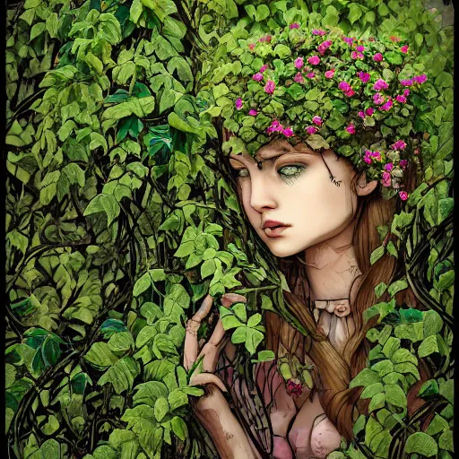 Prompt: a girl being overgrown by vines and flowers, fully clothed, content, in the style of lise deharme.