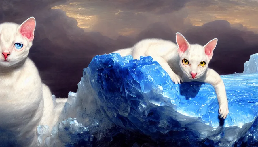 Prompt: highly detailed painting of white cute baby scaled oriental dragon cats on a blue and white iceberg by william turner, by greg rutkowski, by william constable, thick brush strokes and visible paint layers, 4 k resolution