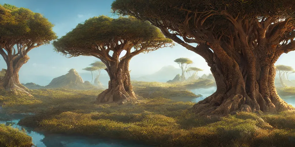 Image similar to Lively landscape of a socotra island filled with socotra dragon trees realistic detailed digital art by Maxwell Boas Jessica Rossier Christian Dimi