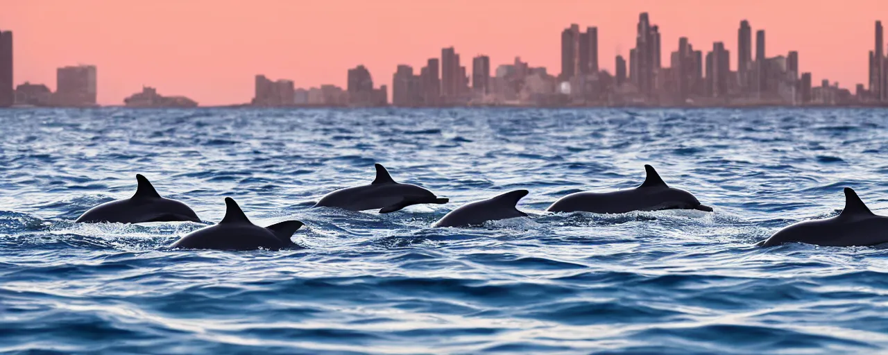 Prompt: pod of dolphins with tails swimming in a calm tropical ocean with a distant coastal city skyline visible in the background at night with a clear star filled sky