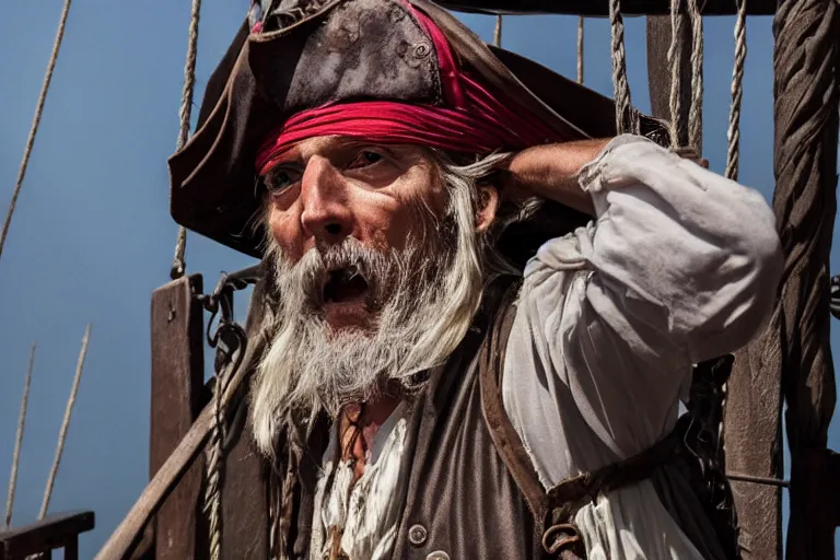 Image similar to closeup old pirate on an old pirate ship, by emmanuel lubezki
