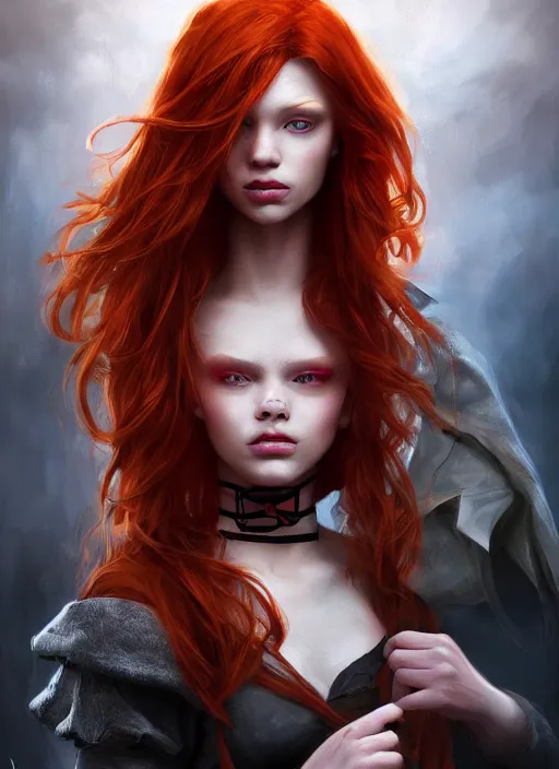 Image similar to Beautiful redhead girl which chest wrapped in bandages, portrait, fantasy, medieval, vivid colors, fantasy, elegant, concept art, sharp focus, beautiful face, digital art, Hyper-realistic, 4K, Unreal Engine, Highly Detailed, HD, Dramatic Lighting by Brom, trending on Artstation