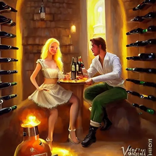 Image similar to Boba Fett and a beautiful young blonde drinking beer in a wine cellar, food, meat, schnapps, torches on the wall, romantic, inviting, cozy, painting by Vladimir Volegov