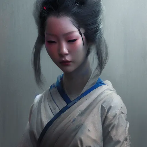 Image similar to portrait of a geisha robot by greg rutkowski and ruan jia, mecha, washed colors, dark, gloomy, matte painting, unreal engine 5