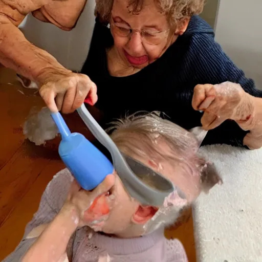 Prompt: grandma smashing her face into billy while drinking tons of milk and spilling it all over the floor, messy, wet