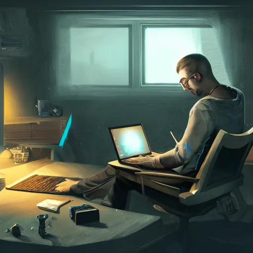 Image similar to realistic man using laptop in gaming room, artstation trends, sci fi concept art, highly detailed, intricate, sharp focus, digital art, 8 k