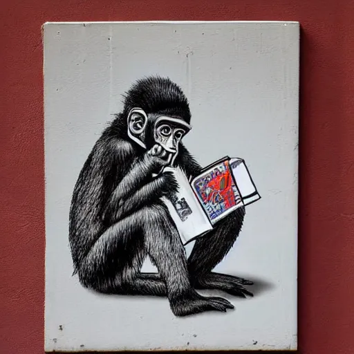 Image similar to a single Monkey reading a book, wearing a gas mask, graffiti, edge to edge, solid color background intricate, highly detailed, smooth, sharp focus, detailed face and body, high contrast, art by wrdsmth