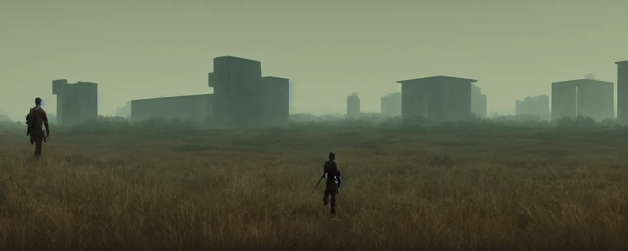 Prompt: a lonely warrior walks across a landscape towards a massive brutalist building in the distance, digital art in the style of simon stalenhag, 8k, octane render