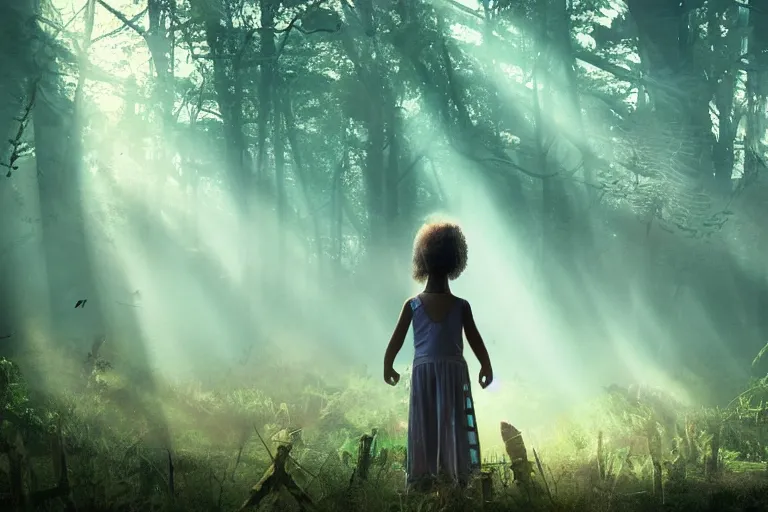 Image similar to the great beyond, sci - fi scene future new york, little girl holding a hand of a big robot, forest punk, crepuscular rays, epic scene, hyper realistic, photo realistic, overgrowth, cinematic atmosphere, ethereal lighting