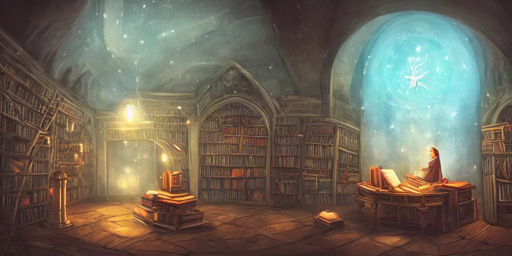 Prompt: magic library, star dome, dreamy, smoke, hogwarts style, birds, roses, fairy tale, evening lights, highly detailed, artstation, mysterious, comfort, in the style of aetherpunk