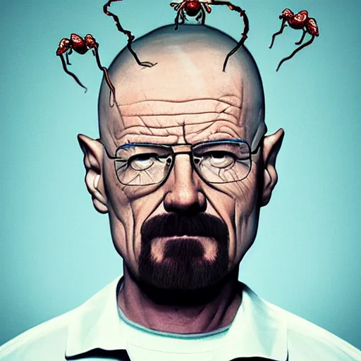 Image similar to Walter White with worms coming out of his head. Hyper realistic image, award winning photography