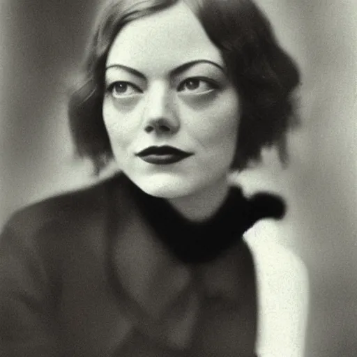 Image similar to headshot photograph of emma stone, edwardian, 1 9 2 0 s film actress, realistic face, ethereal, 1 9 1 0 s, grainy, victorian, soft blur