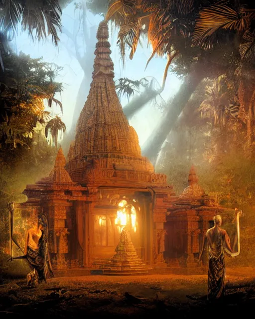 Image similar to 8 k concept art from a hindu temple lost in the jungle at dusk by david mattingly and samuel araya and michael whelan and dave mckean and richard corben. volumetric lighting. composition and layout inspired by gregory crewdson