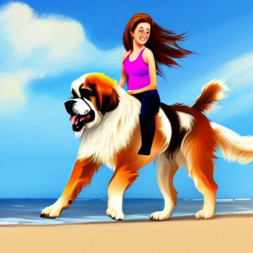 Image similar to girl riding a giant saint Bernard at the beach catching a frisbee, trending on artstation