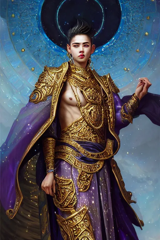 Prompt: portrait, young male moon god, iridescent, labradorite, amethyst, ornate elegant armored robes, gold accessories, smooth, makeup, sky, stars, very detailed, ornate, sharp focus, accent lighting, by greg rutkowski, ayami kojima, sung choi, artstation, lois van baarle, 1 6 k