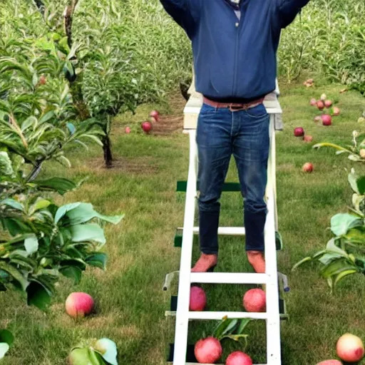 Prompt: a man holding 25 apples in his left hand while standing on a ladder in an orchard
