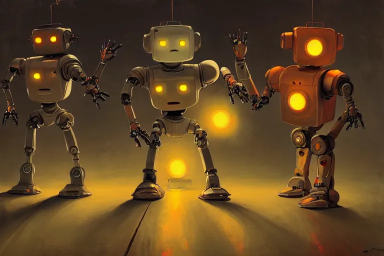 Prompt: robots expressively dancing by otto dix and greg rutkowski and andreas rocha, cinematic lighting, highly detailed, warm colours, 4 k