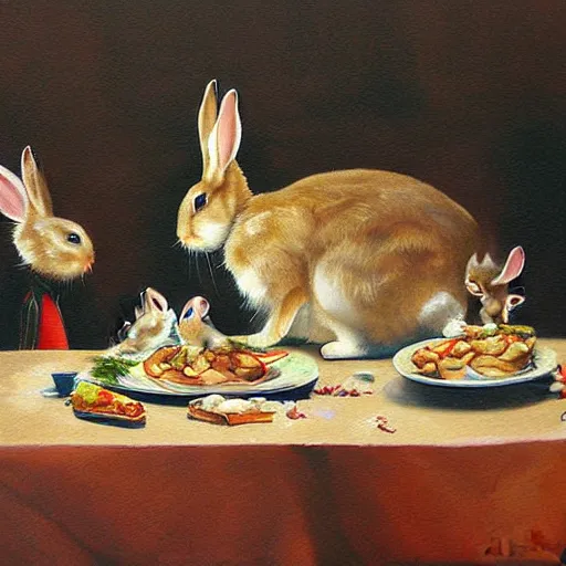 Image similar to Bunny Family Dinner painting by Gurney