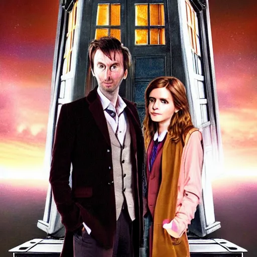 Prompt: david tennant as tenth doctor who and emma watson as hermione granger in tardis, a colorized photo by hinchel or, tumblr, fantastic realism, colorized, handsome, da vinci