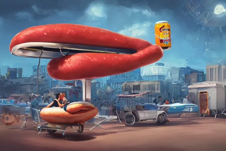 Prompt: ultra realistic illustration, flying vehicle of an hot dog seller, in a shape of an hot dog, sci fi, intricate, elegant, highly detailed, nobodies, digital painting, artstation, concept art, smooth, sharp focus, illustration, art by kezrek and daniel graffenberger