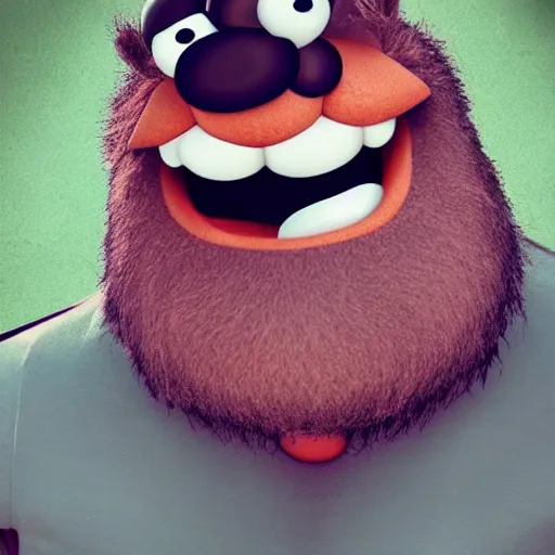 Image similar to a still of a forgotten muppet character looking very manly and modern, hilarious, laughing, hairy chest, huge chin, manly monster tough guy, roughled fur, photo real, photographic, photograph, artstation, trending, featured