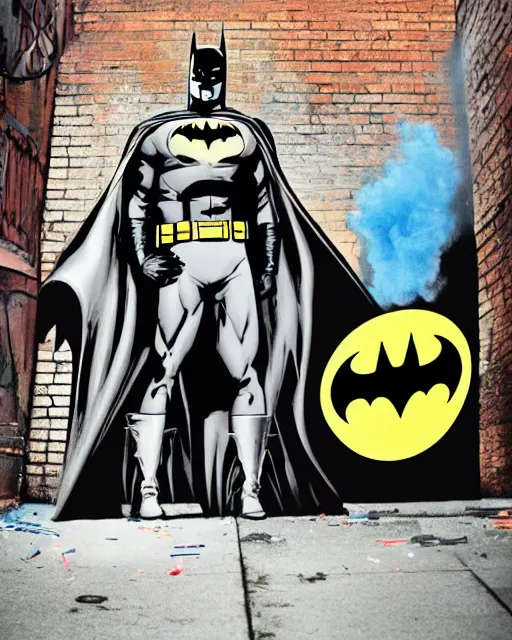 Image similar to happy batman firing supersoaker at happy criminals in an alleyway, product advertisement, photograph