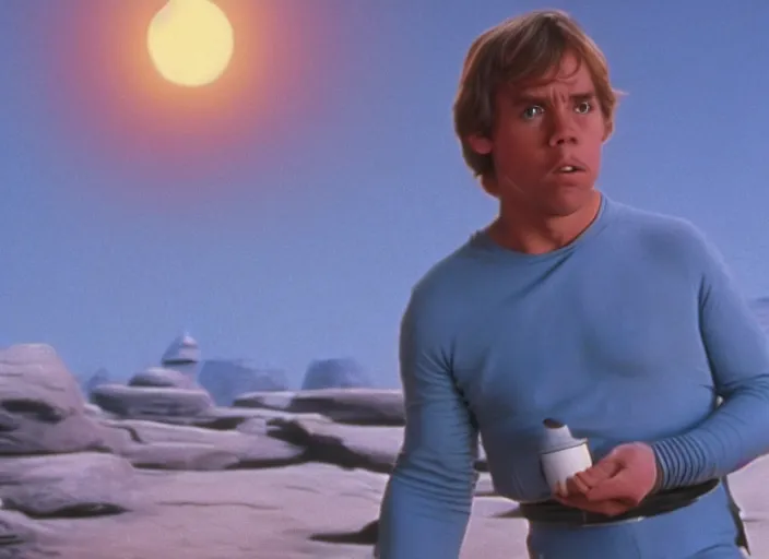 Prompt: screenshot of Luke Skywalker drinking blue milk, on a marble designed planet, famous scene from the 1980s film directed by Stanley Kubrick cinematic lighting, moody cinematography, with anamorphic lenses, crisp, detailed portrait, 4k image