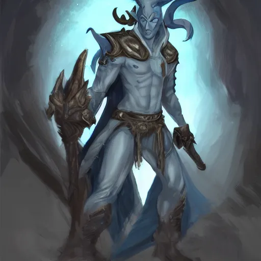 Image similar to D&D character concept art of a tiefling, tiefling rogue, blue skin color with short horns and a devil tail, casual pose of a Rogue holding daggers, full body pose, soft colors, fantasy, intricate, elegant, highly detailed, digital painting, artstation, concept art, smooth, sharp focus, illustration, wide angle shot, full body visible, art by artgerm and H R Giger and alphonse mucha