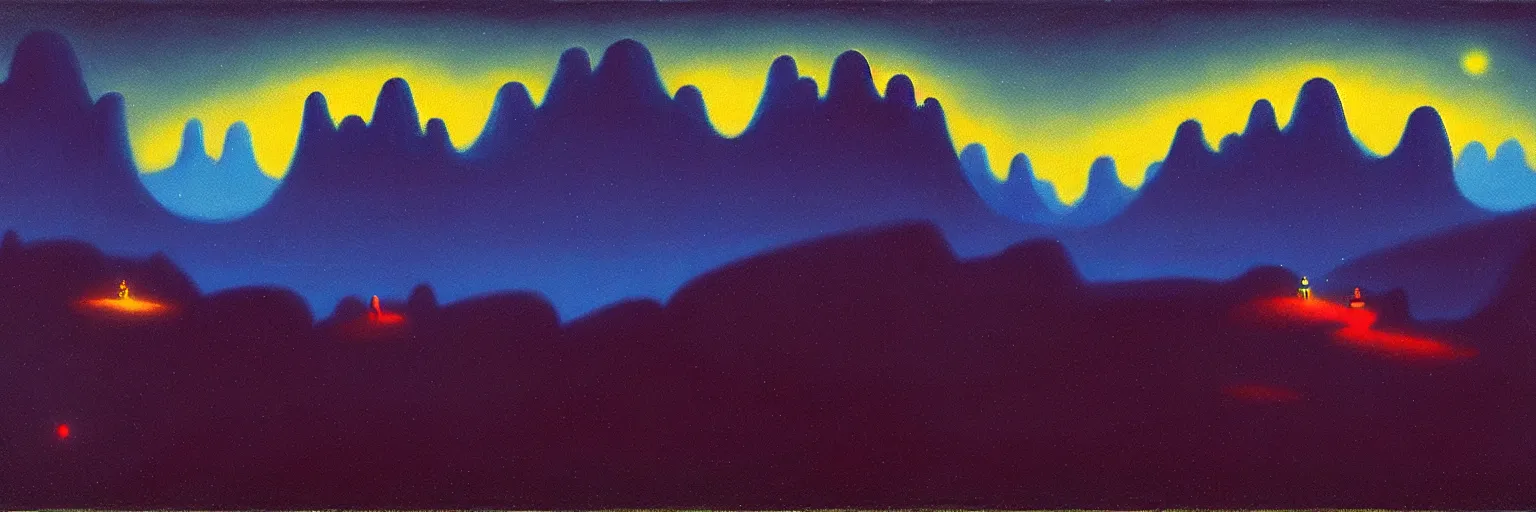 Image similar to cartoon paul lehr narrow night landscape with farawaymountains dark blue tones