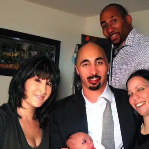 Image similar to a photo of a white man and his dark haired wife that are happy with their 3 month old baby boy. 2 pac can be seen in the background.