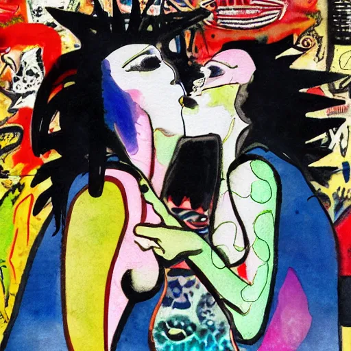 Image similar to watercolor painting of two bizarre psychedelic goth women kissing each other closeup in a sushi bar in japan, speculative evolution, mixed media collage by basquiat and jackson pollock, maximalist magazine collage art, sapphic art, lesbian art, chemically damaged