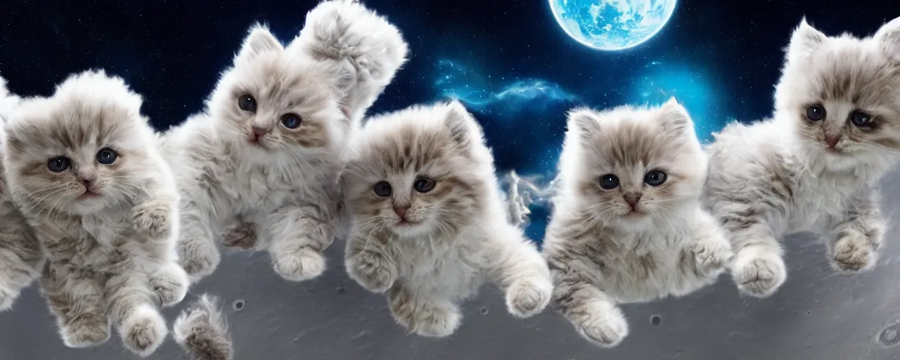 Prompt: group of fluffy baby cats in a space suit walking on the moon, cute photo, 8k UHD, national geographic