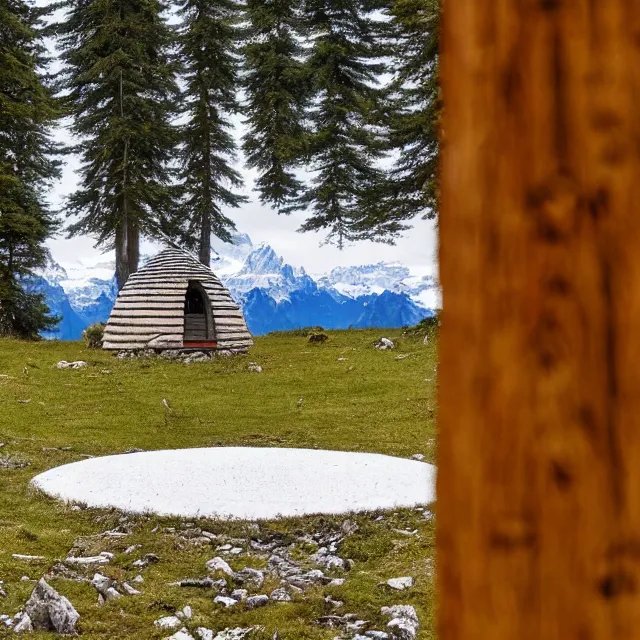 Prompt: a small hut white with a pointed wooden roof, a round window, behind 3 large fir trees, in the background the swiss alps, artem demura