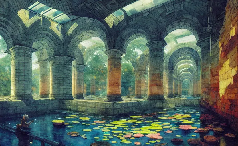 Image similar to tiled room squared waterway, aqueducts, fantasy. intricate, amazing composition, colorful watercolor, by ruan jia, by maxfield parrish, by marc simonetti, by hikari shimoda, by robert hubert, by zhang kechun, illustration, gloomy