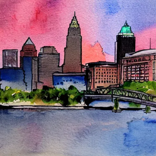 Prompt: cleveland, watercolor, sunset
