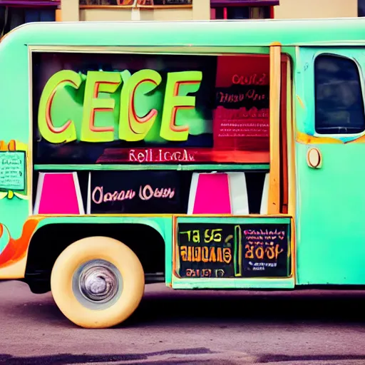 Prompt: menu of ice cream on side of ice cream truck