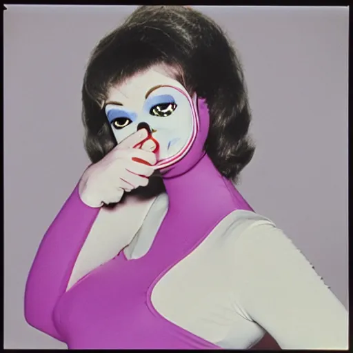 Image similar to 1976 woman wearing an inflatable plastic mouth, soft color,wearing a leotard 1976 holding an anthropomorphic finger, color film 16mm Almodovar John Waters Russ Meyer Doris Wishman old photo