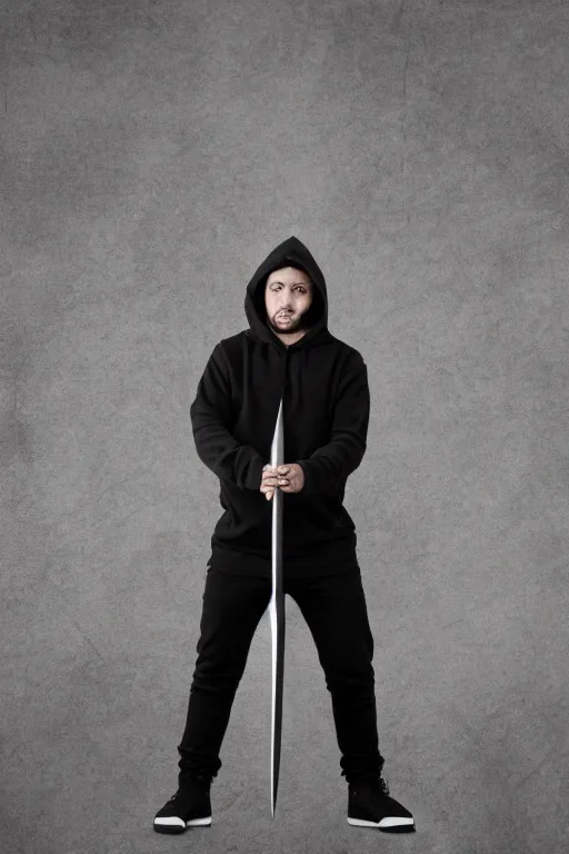 Image similar to a full body shot of a man in a black hoodie holding a dagger