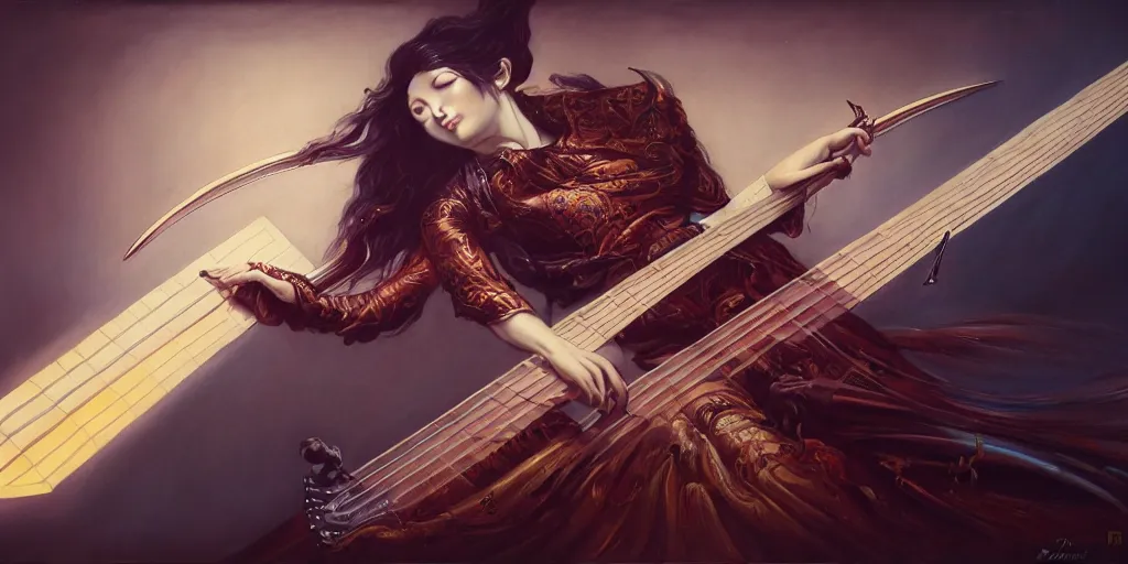 Image similar to a katana guitar by karol bak, james jean, tom bagshaw, rococo, sharp focus, trending on artstation, cinematic lighting, hyper realism, octane render, 8 k, hyper detailed, vivid, ultra detailed, highly detailed