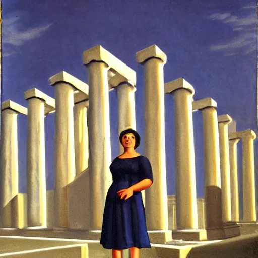 Image similar to a woman in a long dark blue dress is standing in front of a greek temple, by carel willink