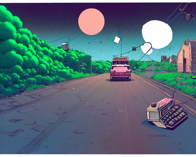 Image similar to a study of cell shaded cartoon of a microKorg synthesizer floating above a country road, street lamps, road, illustration, wide shot, subtle colors, post grunge, concept art by josan gonzales and wlop, by james jean, Victo ngai, David Rubín, Mike Mignola, Laurie Greasley, highly detailed, sharp focus, Trending on Artstation, HQ, deviantart, art by artgem