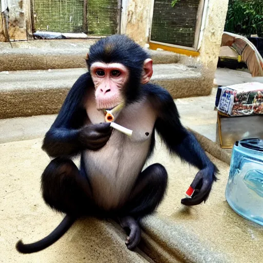 Image similar to Monkey holding and smoking a fat joint, iPhone selfie