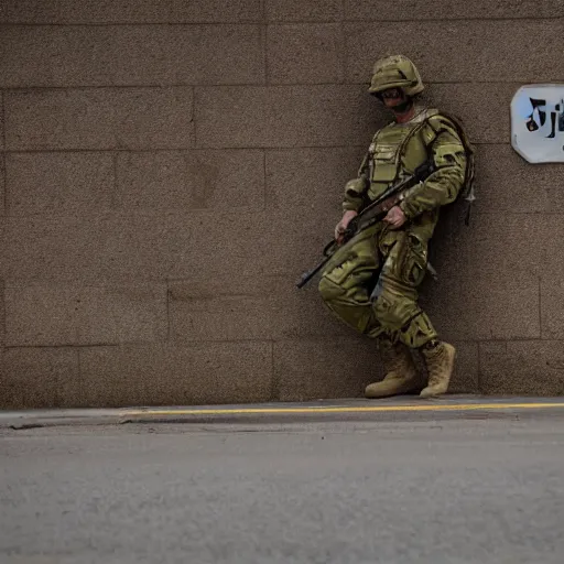 Image similar to A soldier in a combat exoskeleton slumped against a wall watching the sunset while smoking a cigarette as a nuke explodes in the background, 50mm lens, Pulitzer Prize Winner 2028, shot on a DSLR,