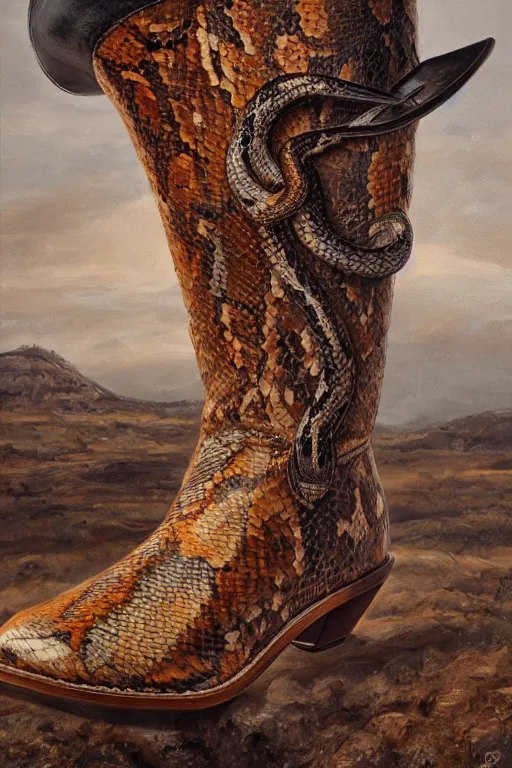 Prompt: cowboy boot with a snake coming out of it, oil on canvas, intricate, 8 k highly professionally detailed, hdr, cgsociety