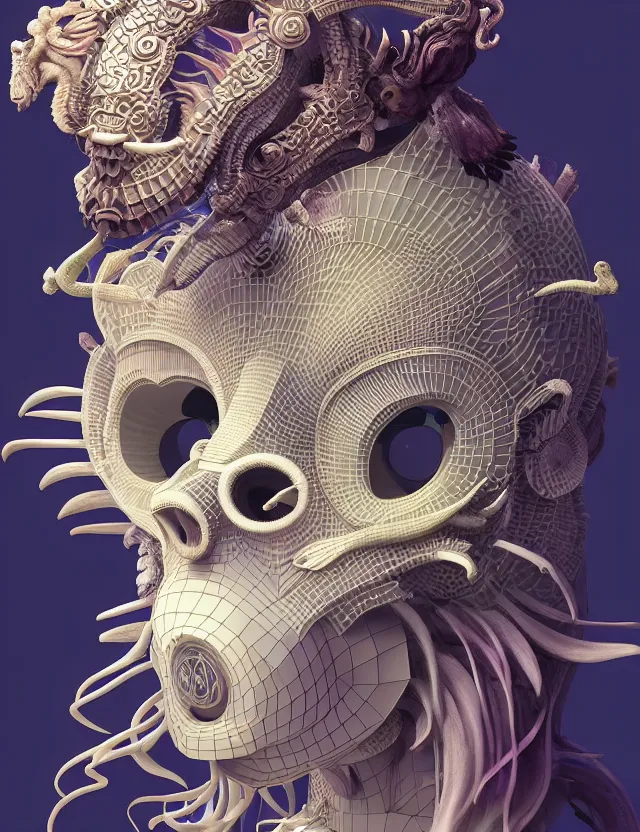 Image similar to 3 d goddess close - up profile solarpunk portrait ram skull. beautiful intricately detailed japanese crow kitsune mask and clasical japanese kimono. betta fish, jellyfish phoenix, bio luminescent, plasma, ice, water, wind, creature, artwork by tooth wu and wlop and beeple and greg rutkowski