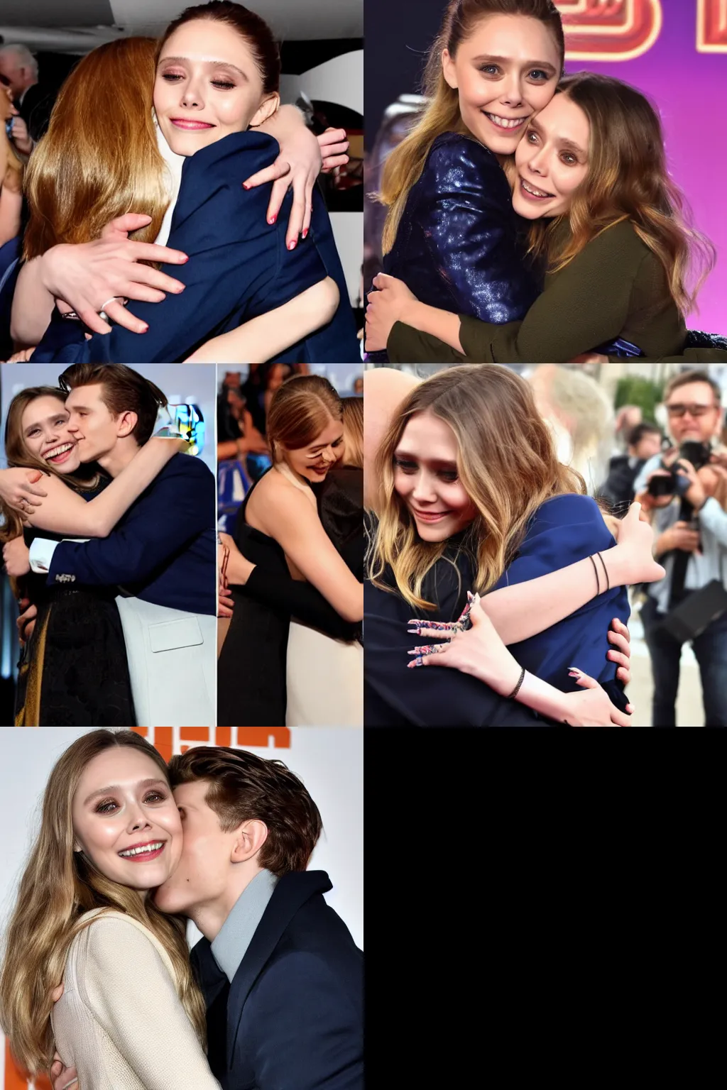 Prompt: a photo of Elizabeth Olsen hugging tom holland