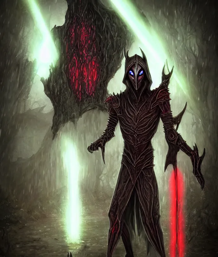 Prompt: A Dark Elf Dunmer wearing Daedric armor and a cowl with glowing red eyes leviates like Vivec in the rain in the Morrowind wetlands, Hyper realism, glow, runes, magic, morrowind, Skywind, Oblivion, Skyrim, dark, gloomy, House Telvanni, grass, trees, swamp, divayth fyr, pointy ears, high cheekbones, portrait, concept art, 4k, macro detail, stride, realistic shadows, mushroom trees, r/skywind, r/morrowind, 4k morrowind concept art, bloom, cosplay